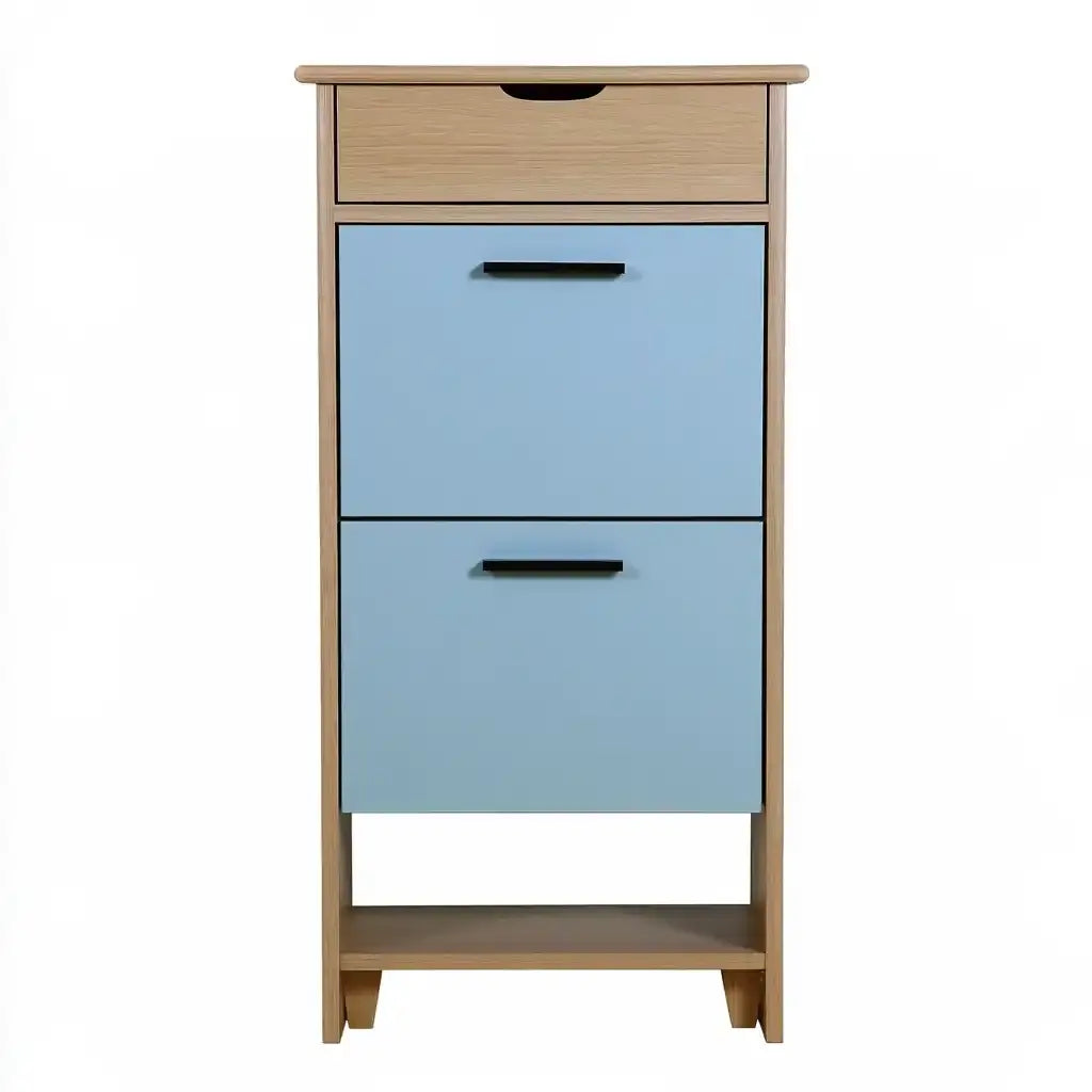 Zapatero con dos frentes abatibles y cajón - azul/beige