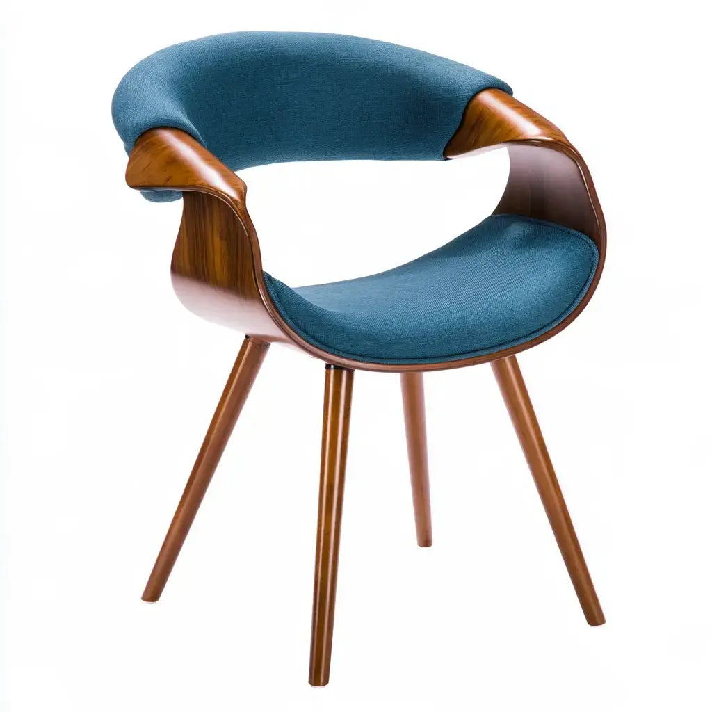 Silla con respaldo abierto curvo y asiento tapizado - azul/marrón
