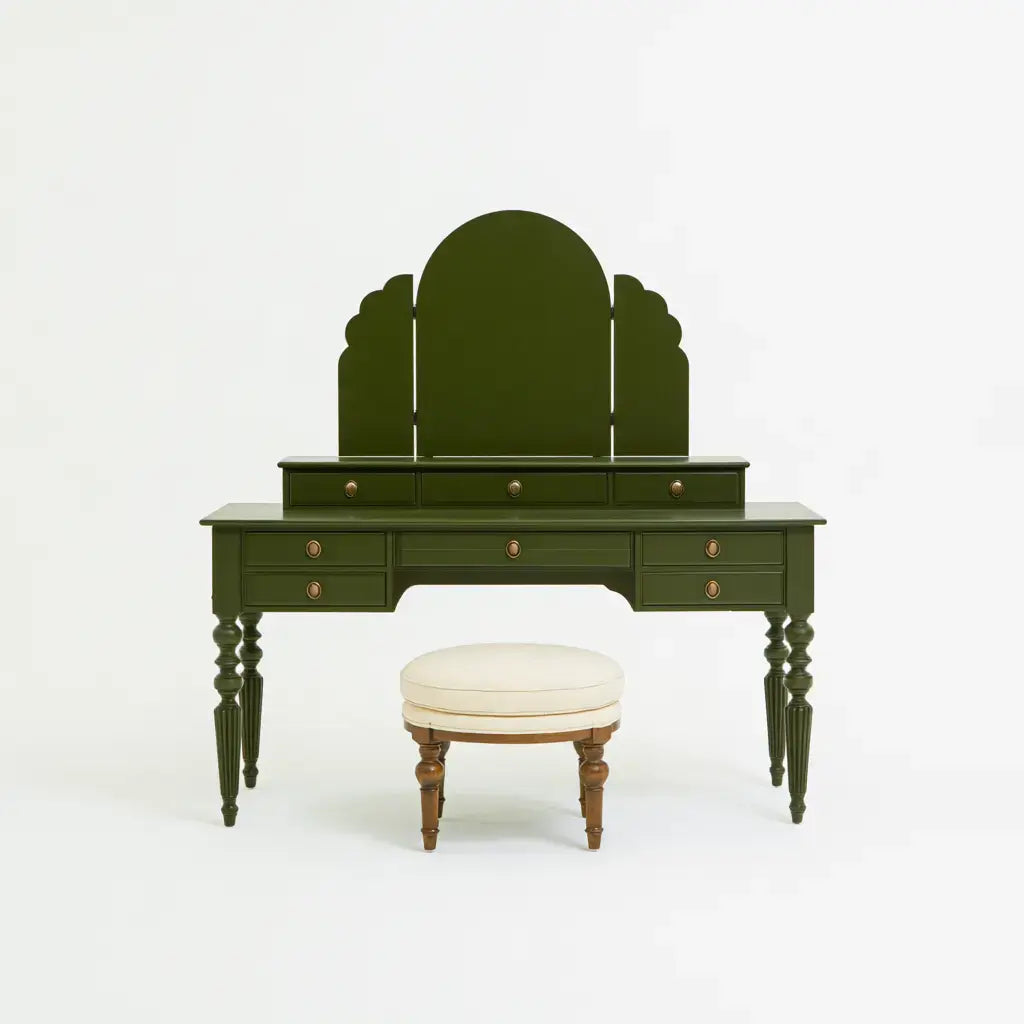 Tocador con espejo triple y taburete - verde