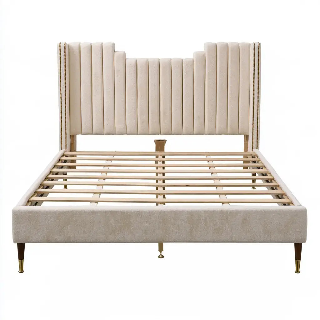 Cama con cabecero de franjas y base abierta - beige