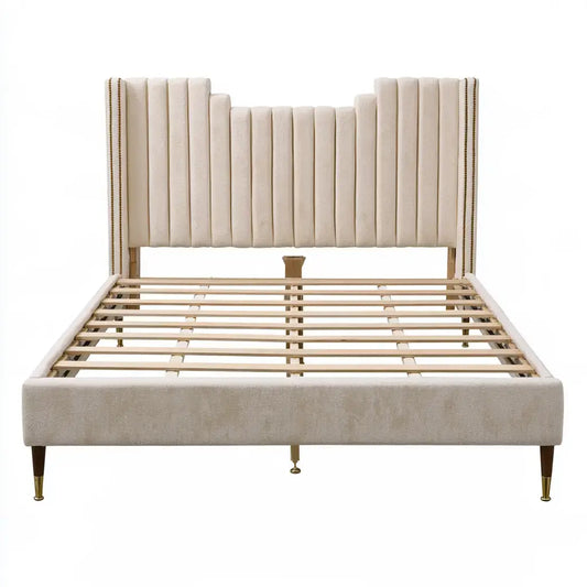 Cama con cabecero de franjas y base abierta - beige