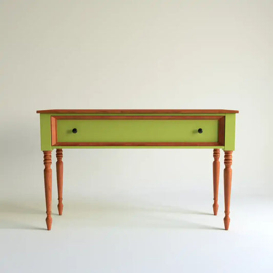 Consola con cajón largo y patas torneadas - verde/marrón