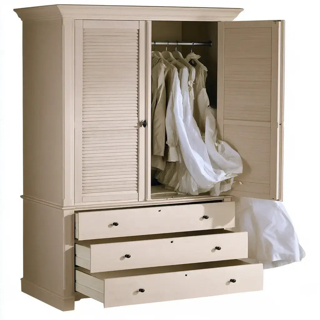 Armario con puertas de lamas y cajones bajos - beige