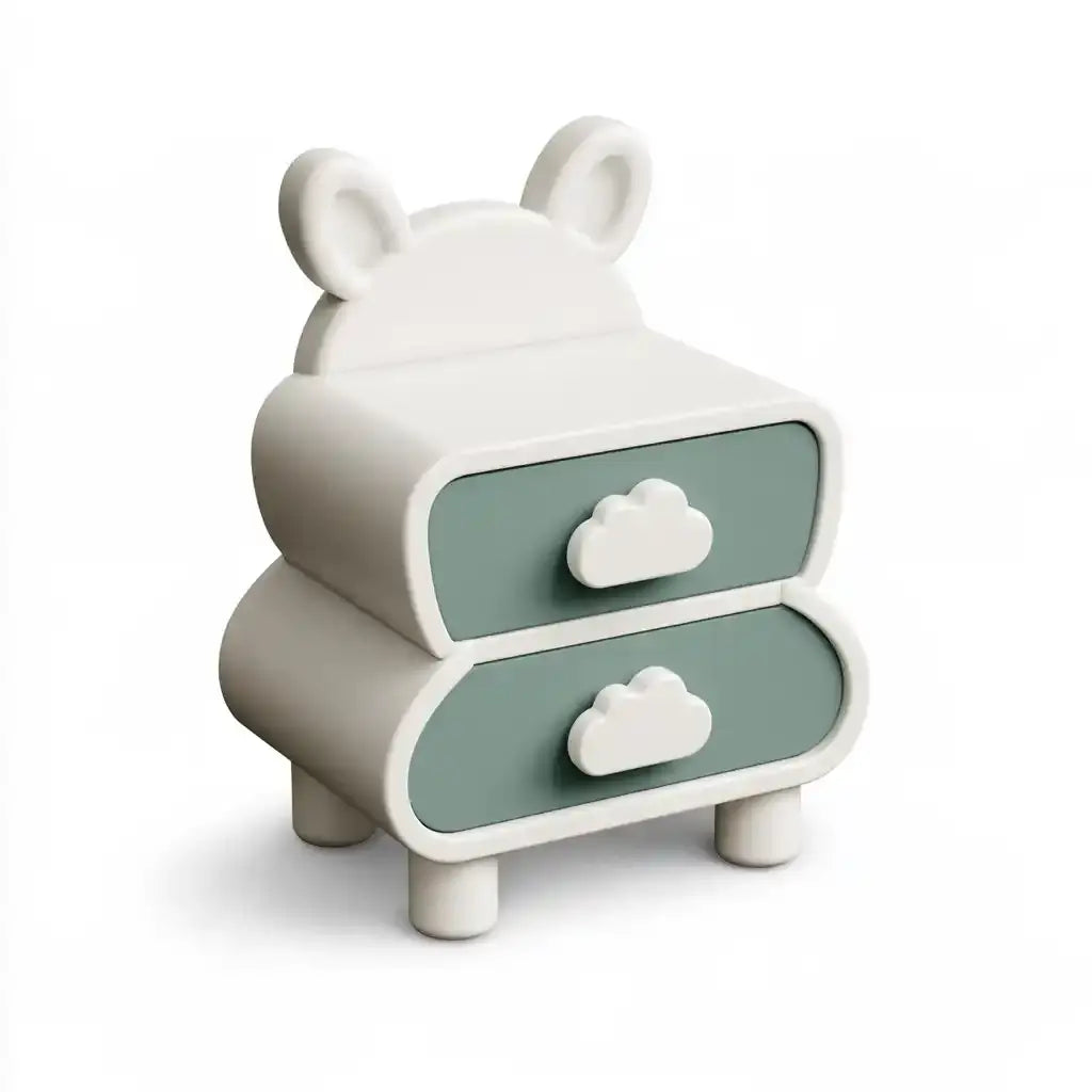 Mesita de noche con cajones curvos y tiradores de nube - blanco/verde