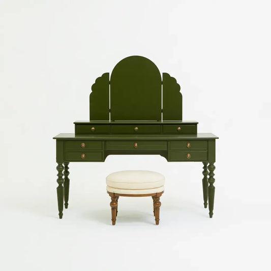 Tocador con espejo triple y taburete - verde